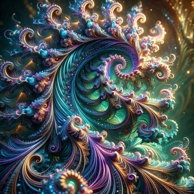 The primary subject of the image is a vibrant, colorful, and intricate design featuring a mix of blue, purple, and green hues. The setting is a blue and green background, which complements the artwork. The visual style is a digital art or illustration, showcasing the artist's creativity and skill in crafting a captivating and unique piece. The colors and mood of the image are lively and energetic, evoking a sense of excitement and wonder.